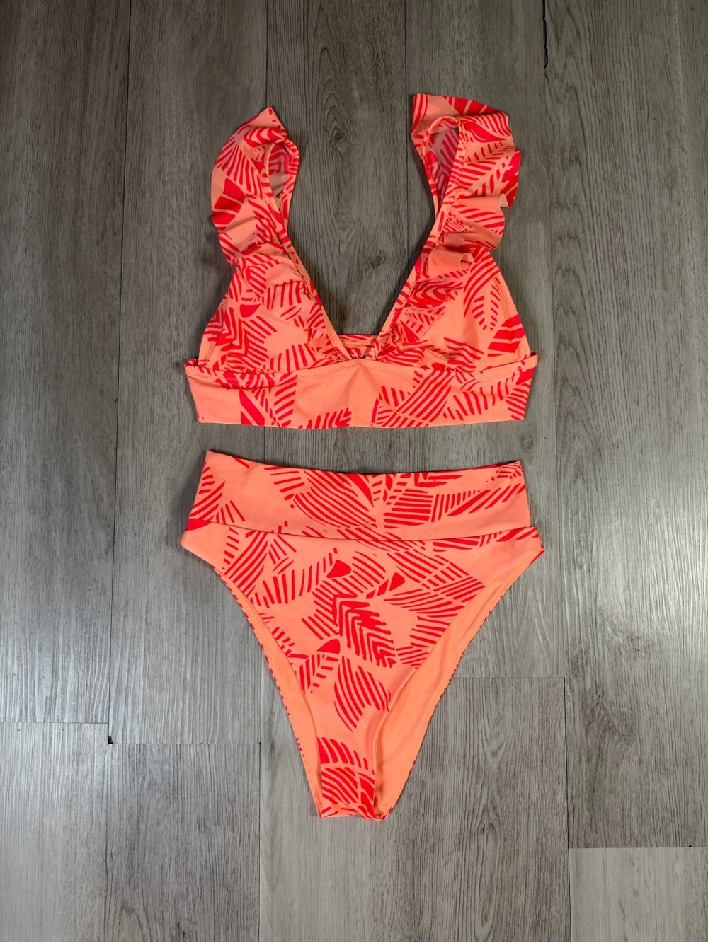 aerie orange red geometric 2-piece bikini set triangle ruffle top cheeky M / L.